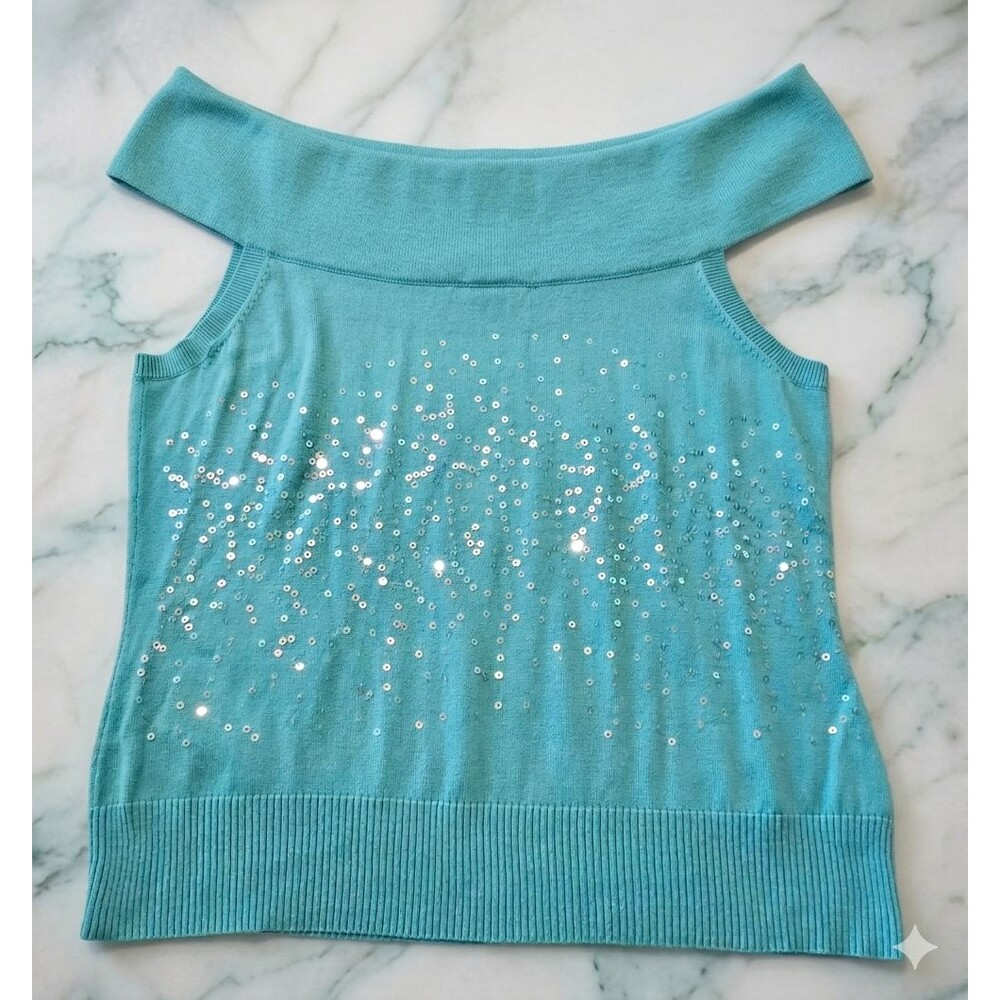 Womens Off Shoulder Sleeveless Sequin Knit Top Turquoise 38” Bust M  Ribbed Hem